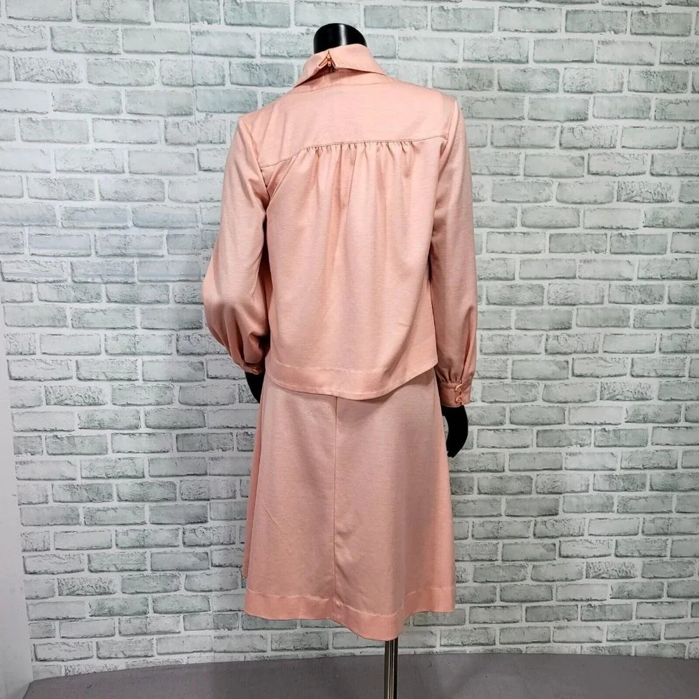 Vintage‎ 70s Butte Knit S/M Peach Pink Day Dress & Jacket Polyester Outfit Set